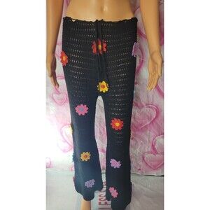 High Waisted Black Crochet Knit Floral Flare Pants 70s Boho Hippie Size Large